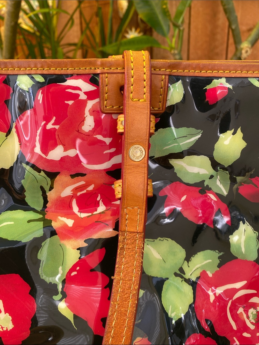 Dooney & Bourke Black Floral Coated Tote with Tan Leather Handles - Picture 13 of 16